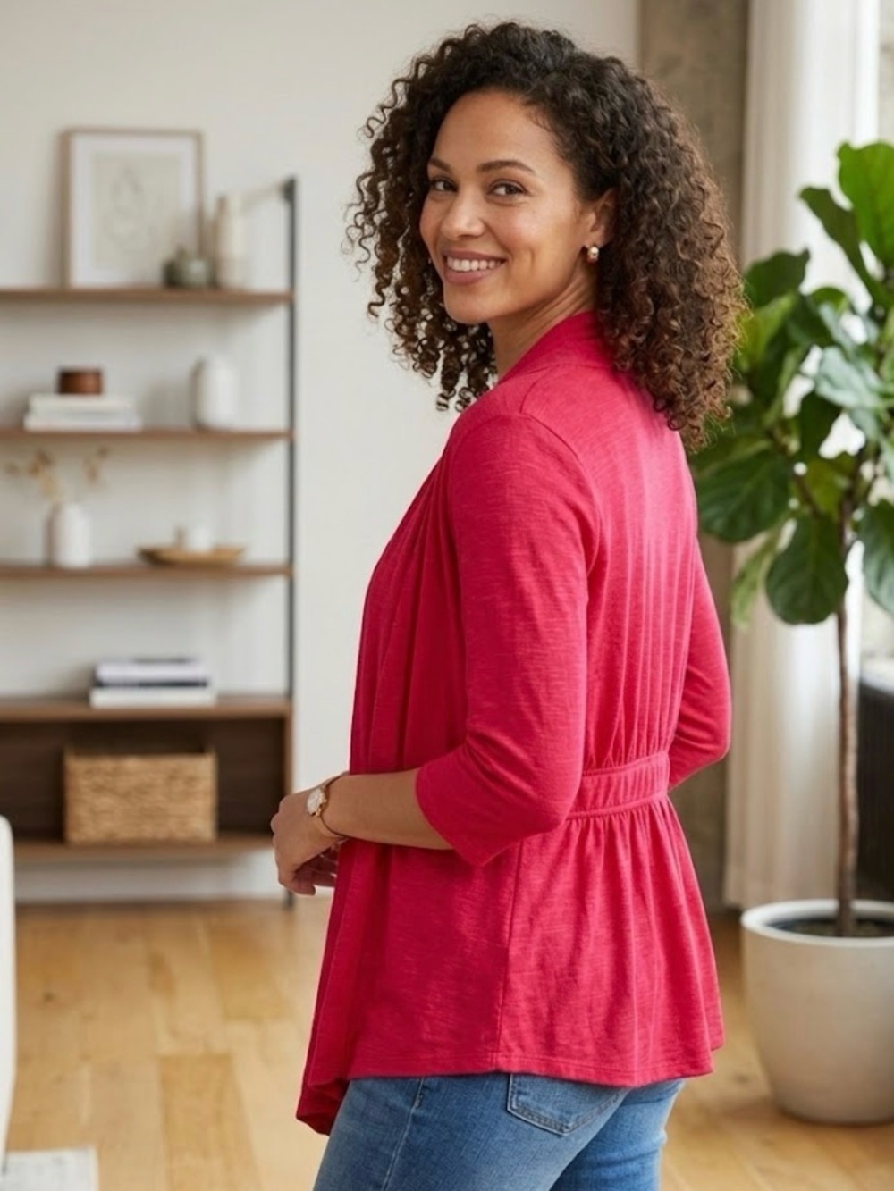 AB Studio Bright Pink Open Front Cardigan 3/4 Sleeve - Size Large